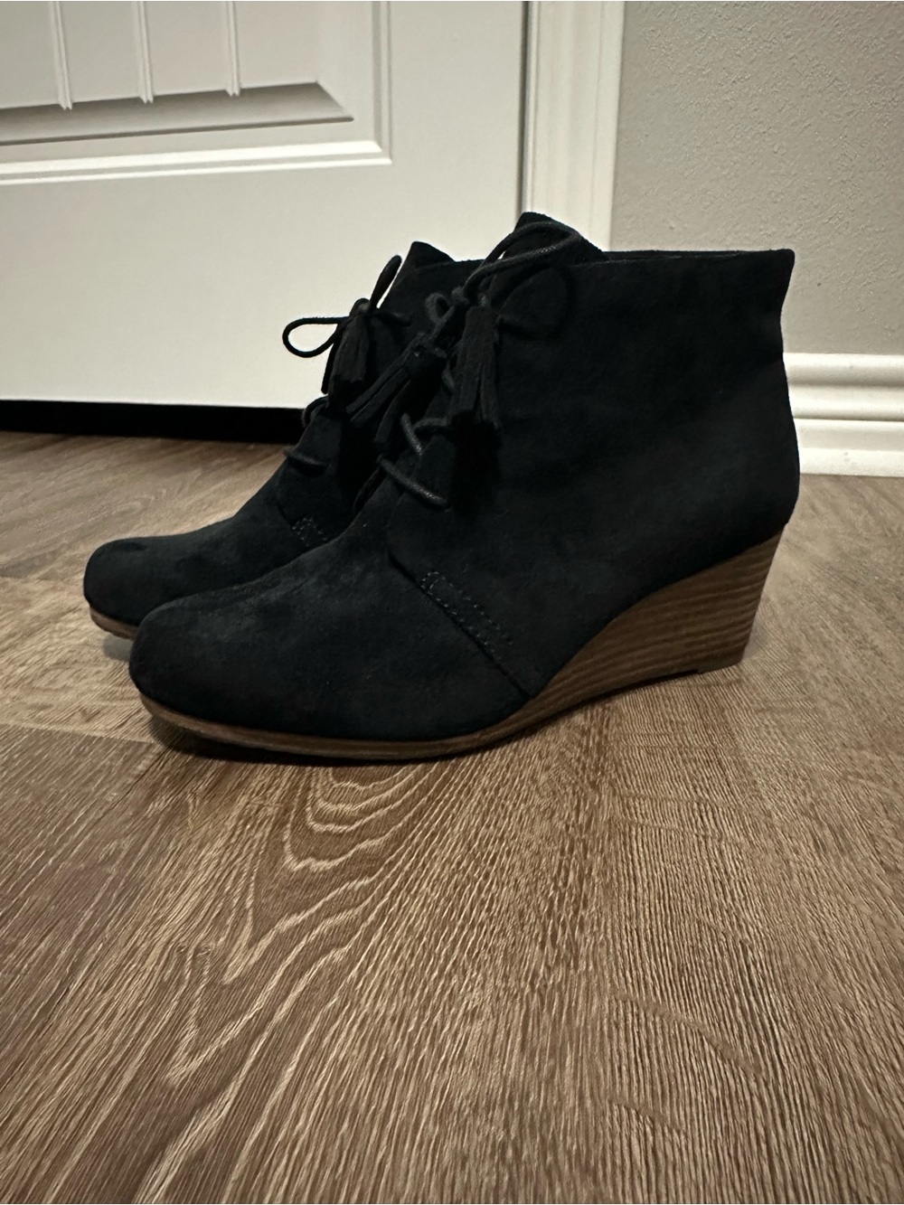 Women's Black Suede Lace-Up Wedge Booties